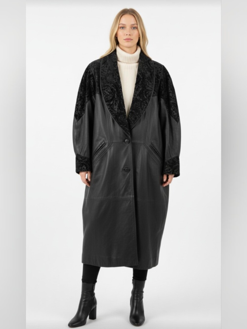 NWOT! OUTBROOK! RICH BLACK GENUINE LEATHER & SUEDE, FLORAL RELIEF TRENCHCOAT! 2X